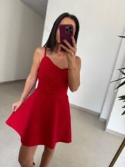 Ms 1509 Kırmızı Askılı Volanlı Mini Elbise