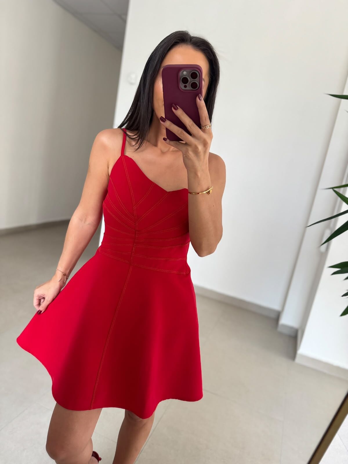 Ms 1509 Kırmızı Askılı Volanlı Mini Elbise