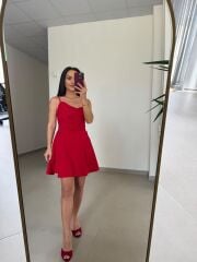Ms 1509 Kırmızı Askılı Volanlı Mini Elbise