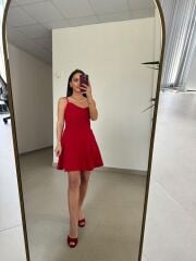 Ms 1509 Kırmızı Askılı Volanlı Mini Elbise