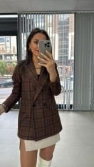 Foo Kahve Siyah Kareli Blazer Ceket