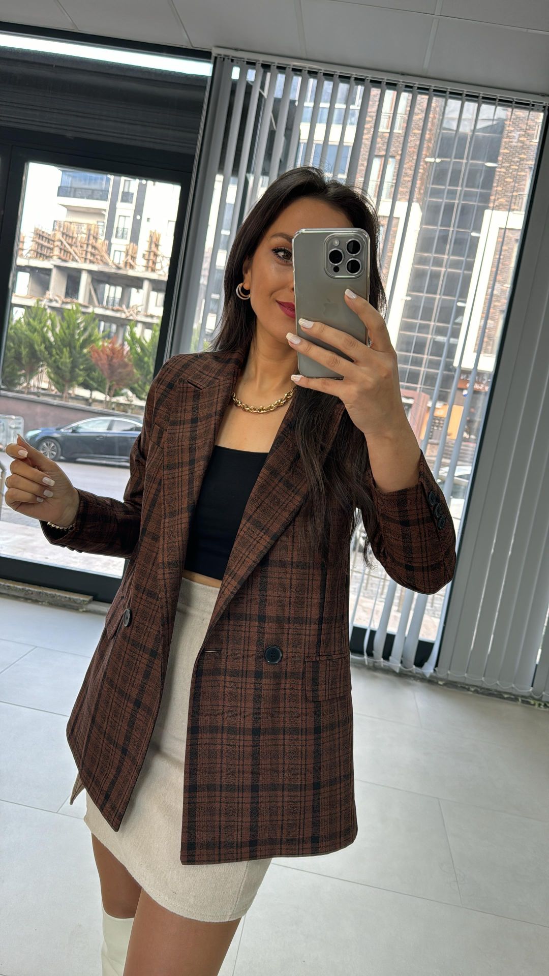 Foo Brown Black Checkered Blazer Jacket