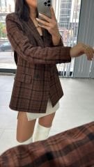 Foo Kahve Siyah Kareli Blazer Ceket