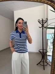 İv 0286 Mavi-Beyaz Çizgili Polo Yaka Tişört