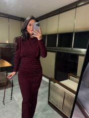 My 3625 Omuz Vatkalı Bordo Simli Kemerli Elbise