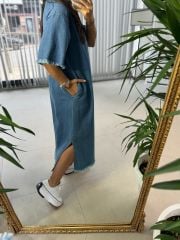 Dr Gömlek Yaka Mavi Denim Elbise