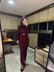 My 3625 Omuz Vatkalı Bordo Simli Kemerli Elbise