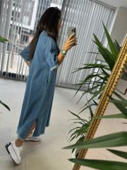 Dr Gömlek Yaka Mavi Denim Elbise