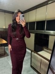 My 3625 Omuz Vatkalı Bordo Simli Kemerli Elbise