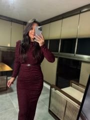 My 3625 Omuz Vatkalı Bordo Simli Kemerli Elbise