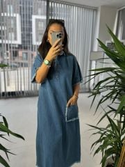 Dr Gömlek Yaka Mavi Denim Elbise