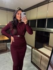 My 3625 Omuz Vatkalı Bordo Simli Kemerli Elbise