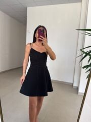 Ms 1509 Siyah Askılı Volanlı Mini Elbise