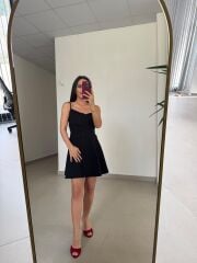 Ms 1509 Siyah Askılı Volanlı Mini Elbise