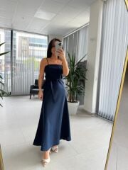 Fw 0454 İndigo Askılı Keten Kuşaklı Elbise