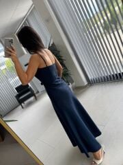 Fw 0454 İndigo Askılı Keten Kuşaklı Elbise