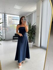 Fw 0454 İndigo Askılı Keten Kuşaklı Elbise