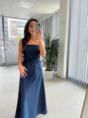 Fw 0454 İndigo Askılı Keten Kuşaklı Elbise