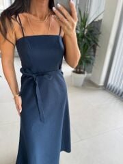 Fw 0454 İndigo Askılı Keten Kuşaklı Elbise