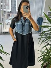 Dr 8041 Siyah Denim Detaylı Elbise