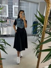 Dr 8041 Siyah Denim Detaylı Elbise