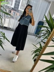 Dr 8041 Siyah Denim Detaylı Elbise