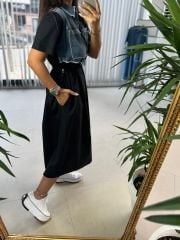 Dr 8041 Siyah Denim Detaylı Elbise