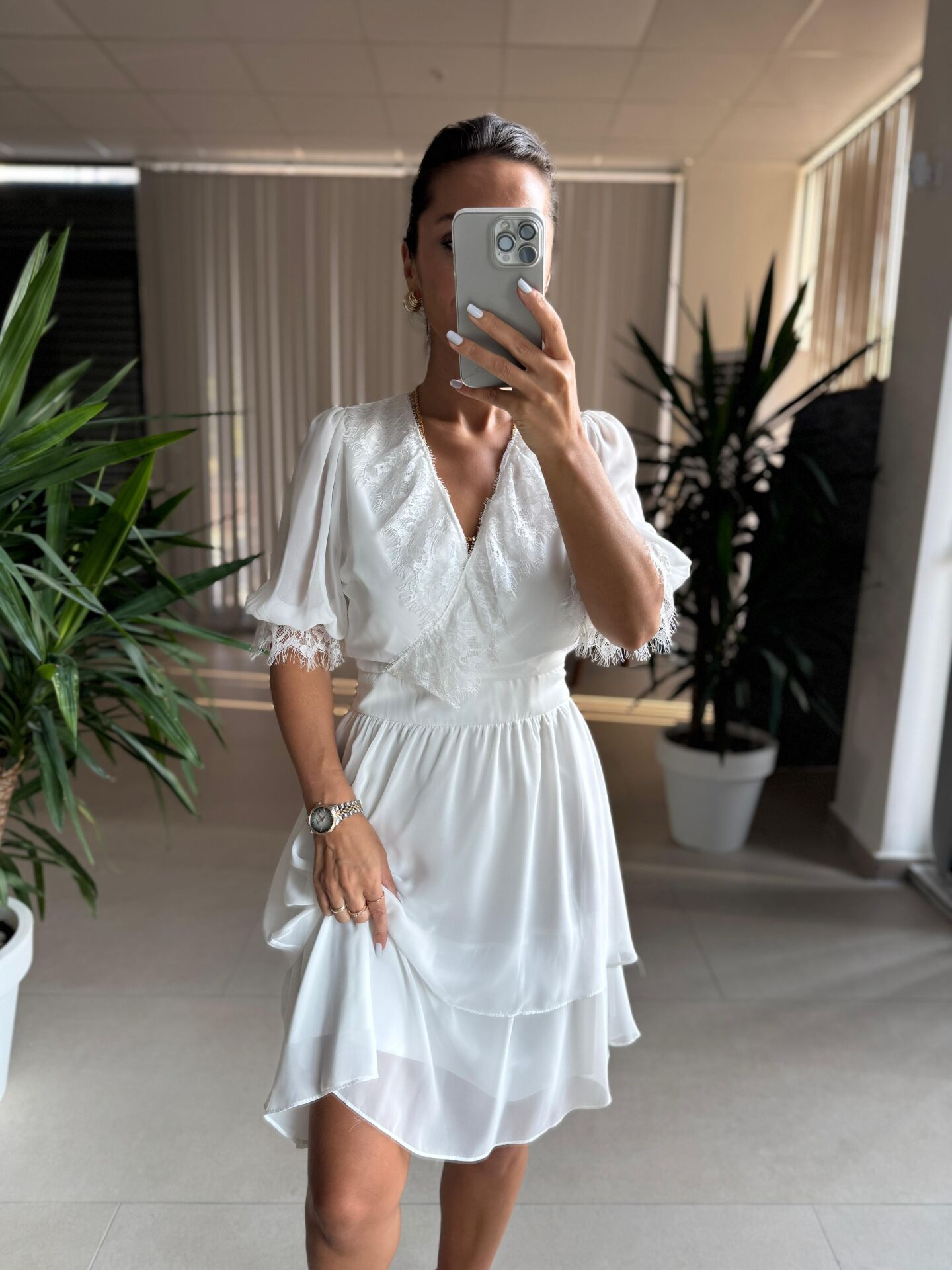 Mc 5741 Dantel Detaylı Beyaz Şifon Elbise