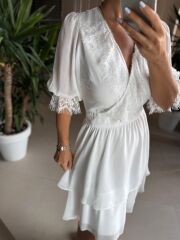 Mc 5741 Dantel Detaylı Beyaz Şifon Elbise