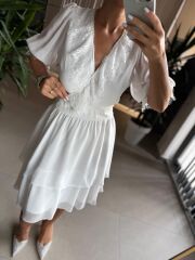 Mc 5741 Dantel Detaylı Beyaz Şifon Elbise