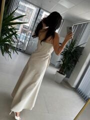 Fw 0454 Naturel Askılı Keten Kuşaklı Elbise