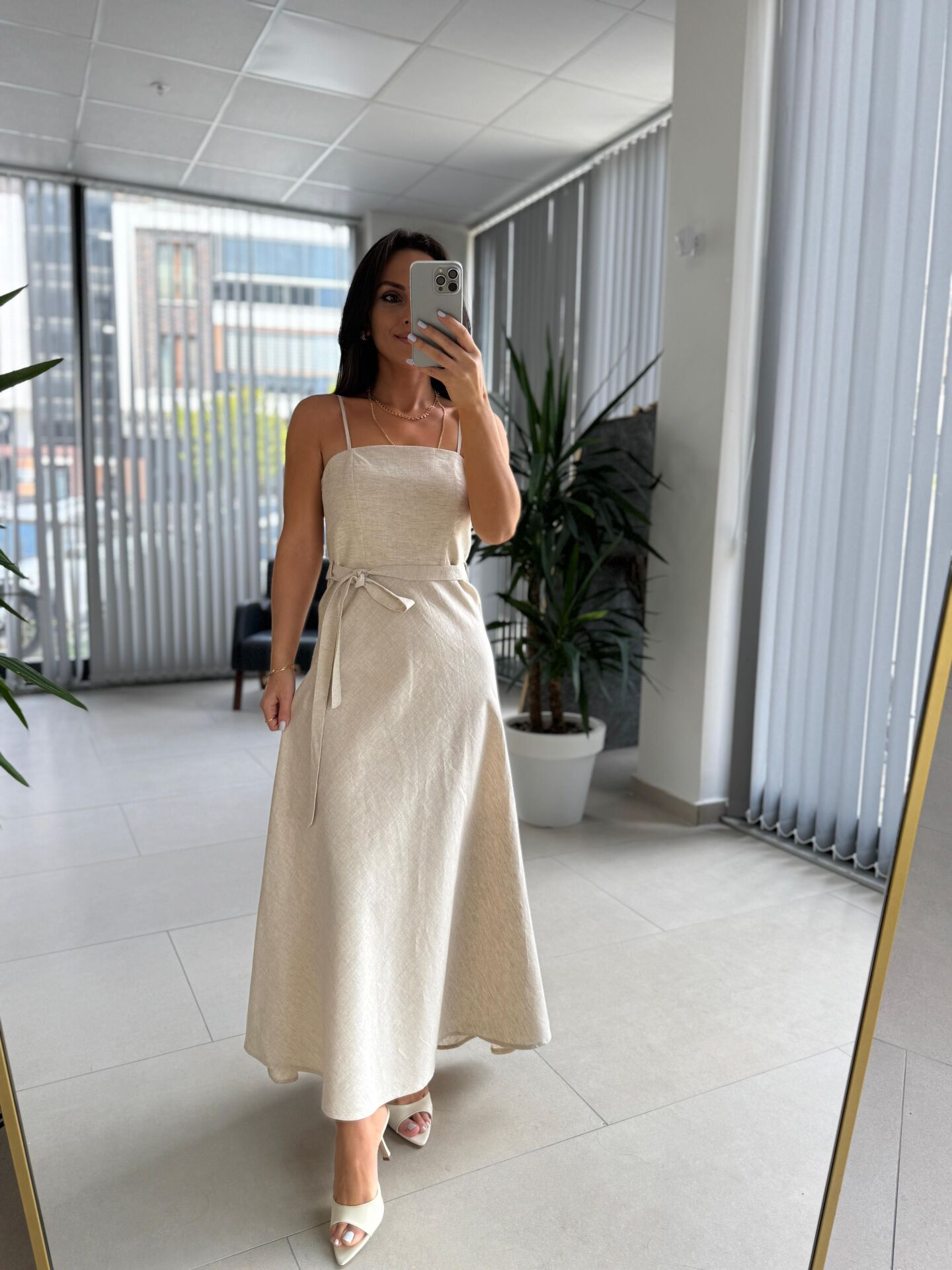 Fw 0454 Naturel Askılı Keten Kuşaklı Elbise