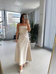 Fw 0454 Naturel Askılı Keten Kuşaklı Elbise