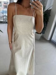 Fw 0454 Naturel Askılı Keten Kuşaklı Elbise