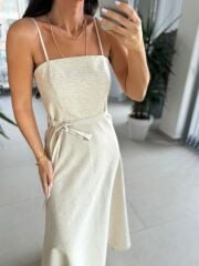 Fw 0454 Naturel Askılı Keten Kuşaklı Elbise