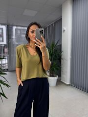 Cr 5004 Yağ Yeşili Modal Vatkalı Bluz