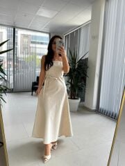 Fw 0454 Naturel Askılı Keten Kuşaklı Elbise