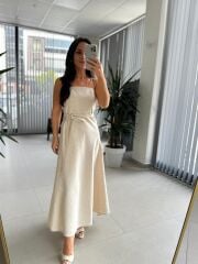 Fw 0454 Naturel Askılı Keten Kuşaklı Elbise