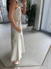 Fw 0454 Naturel Askılı Keten Kuşaklı Elbise