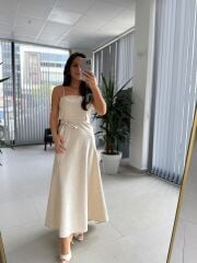 Fw 0454 Naturel Askılı Keten Kuşaklı Elbise