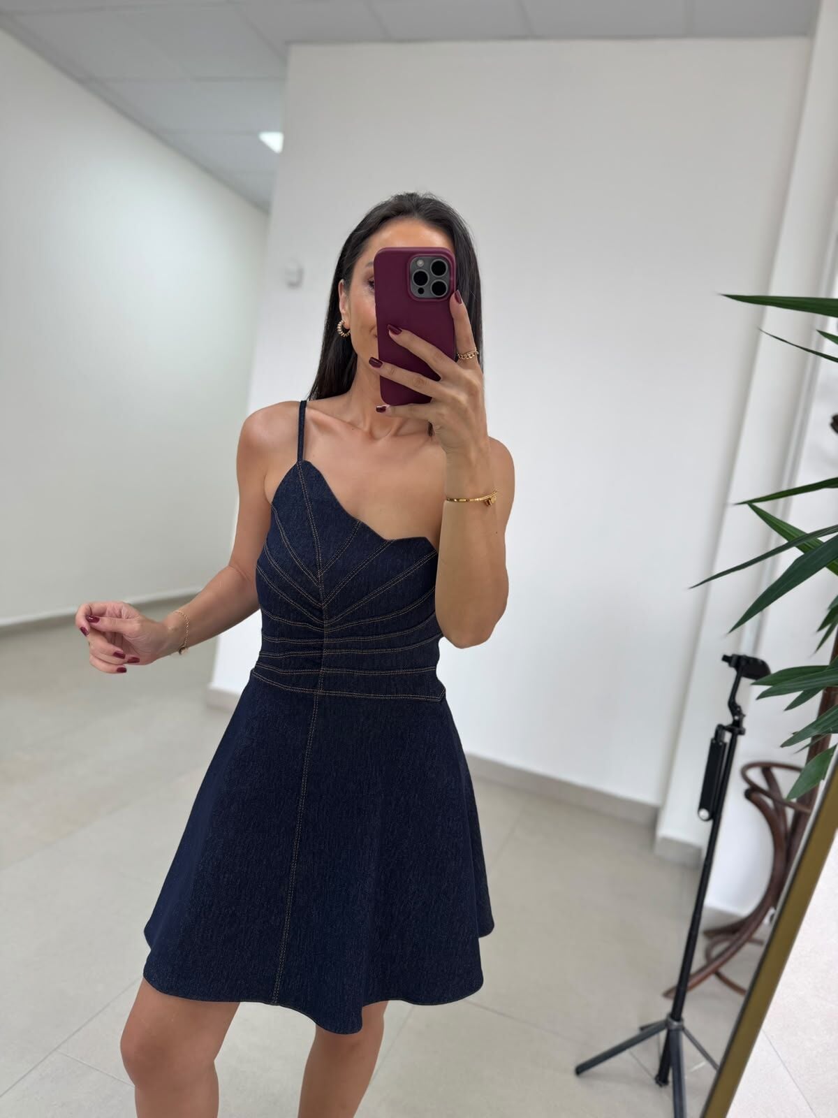 Ms 1509 Laci Denim Askılı Volanlı Mini Elbise