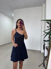 Ms 1509 Laci Denim Askılı Volanlı Mini Elbise
