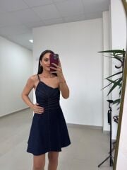 Ms 1509 Laci Denim Askılı Volanlı Mini Elbise