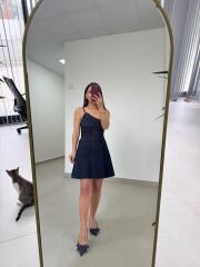 Ms 1509 Laci Denim Askılı Volanlı Mini Elbise