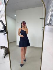 Ms 1509 Laci Denim Askılı Volanlı Mini Elbise