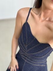 Ms 1509 Laci Denim Askılı Volanlı Mini Elbise