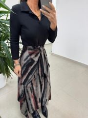 Ms 2042 Kızıl Siyah Gömlek Bağlama Detaylı Elbise