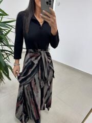 Ms 2042 Kızıl Siyah Gömlek Bağlama Detaylı Elbise