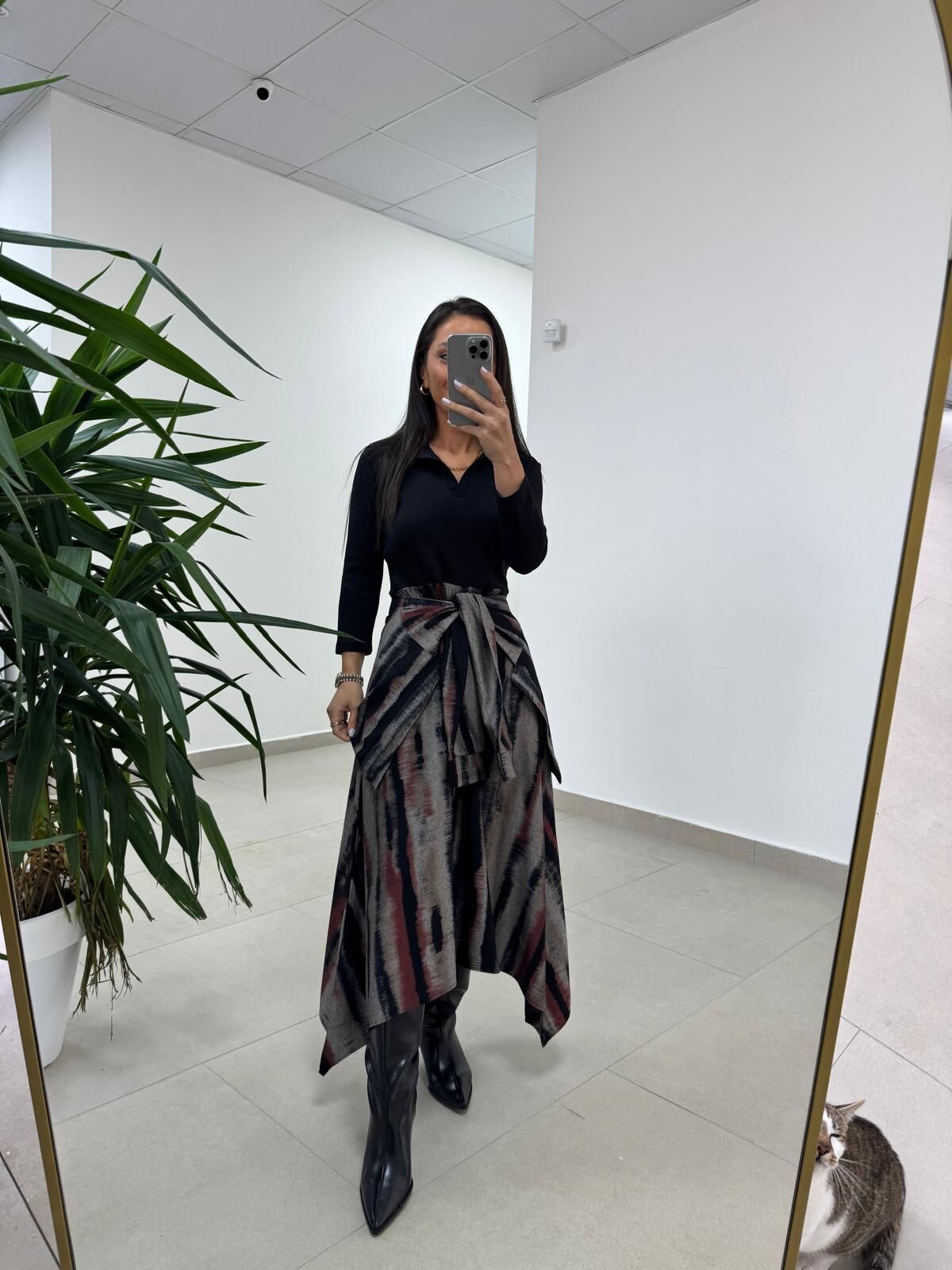 Ms 2042 Kızıl Siyah Gömlek Bağlama Detaylı Elbise