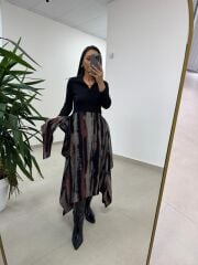 Ms 2042 Kızıl Siyah Gömlek Bağlama Detaylı Elbise